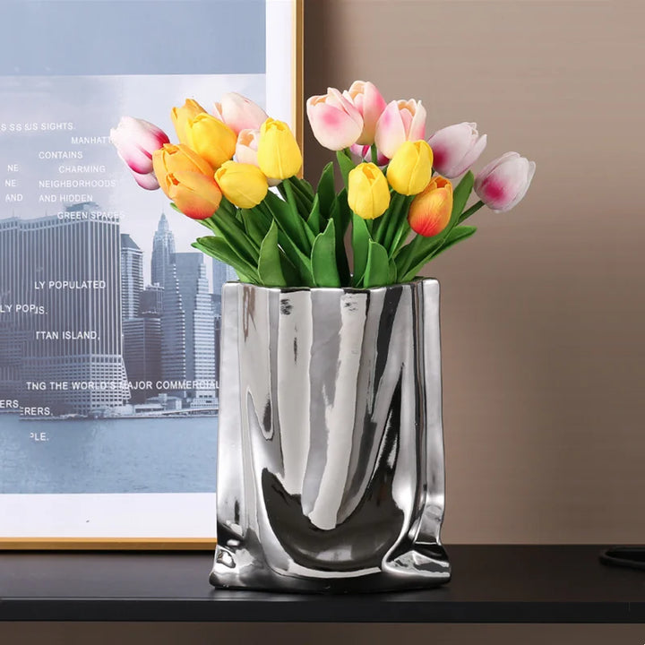 Silver Ruffled Ceramic Flower Vase