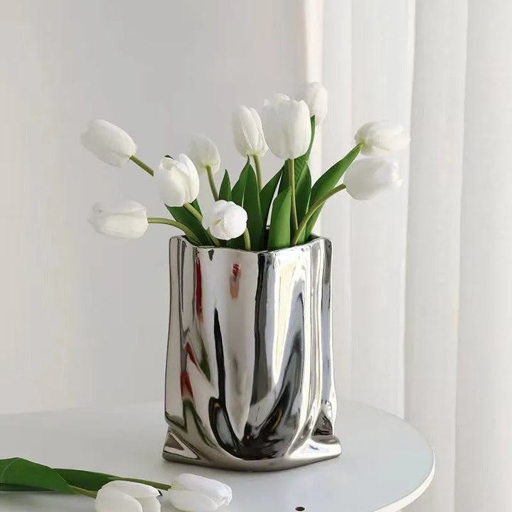 Silver Ruffled Ceramic Flower Vase