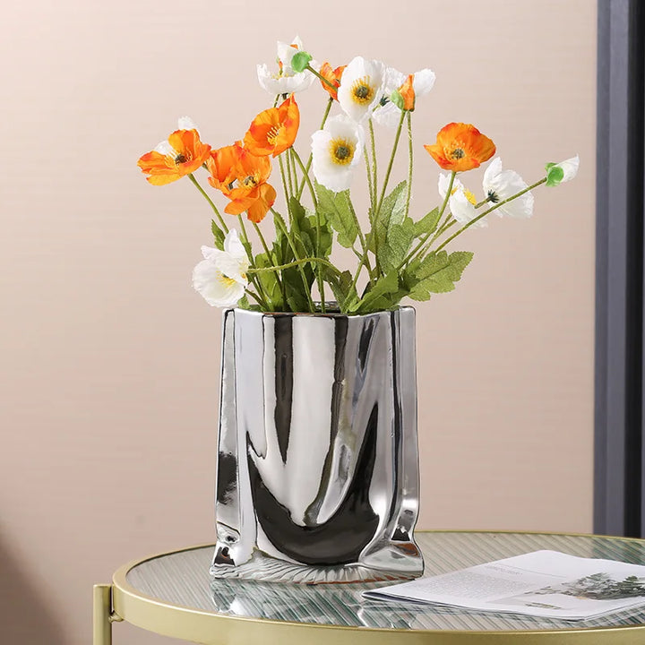 Silver Ruffled Ceramic Flower Vase